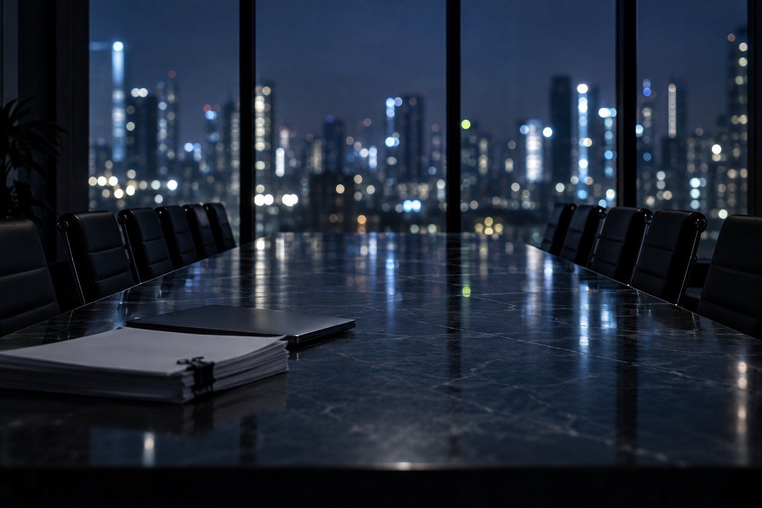 An empty boardroom at night, long table and chairs in shadow, city towers lit through the floor-to-ceiling glass